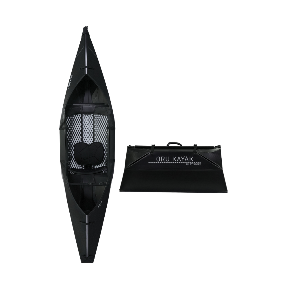 Top-down view of the Oru Kayak Inlet Sport model in black, shown in both its fully assembled kayak form and its compact folded form, side by side.