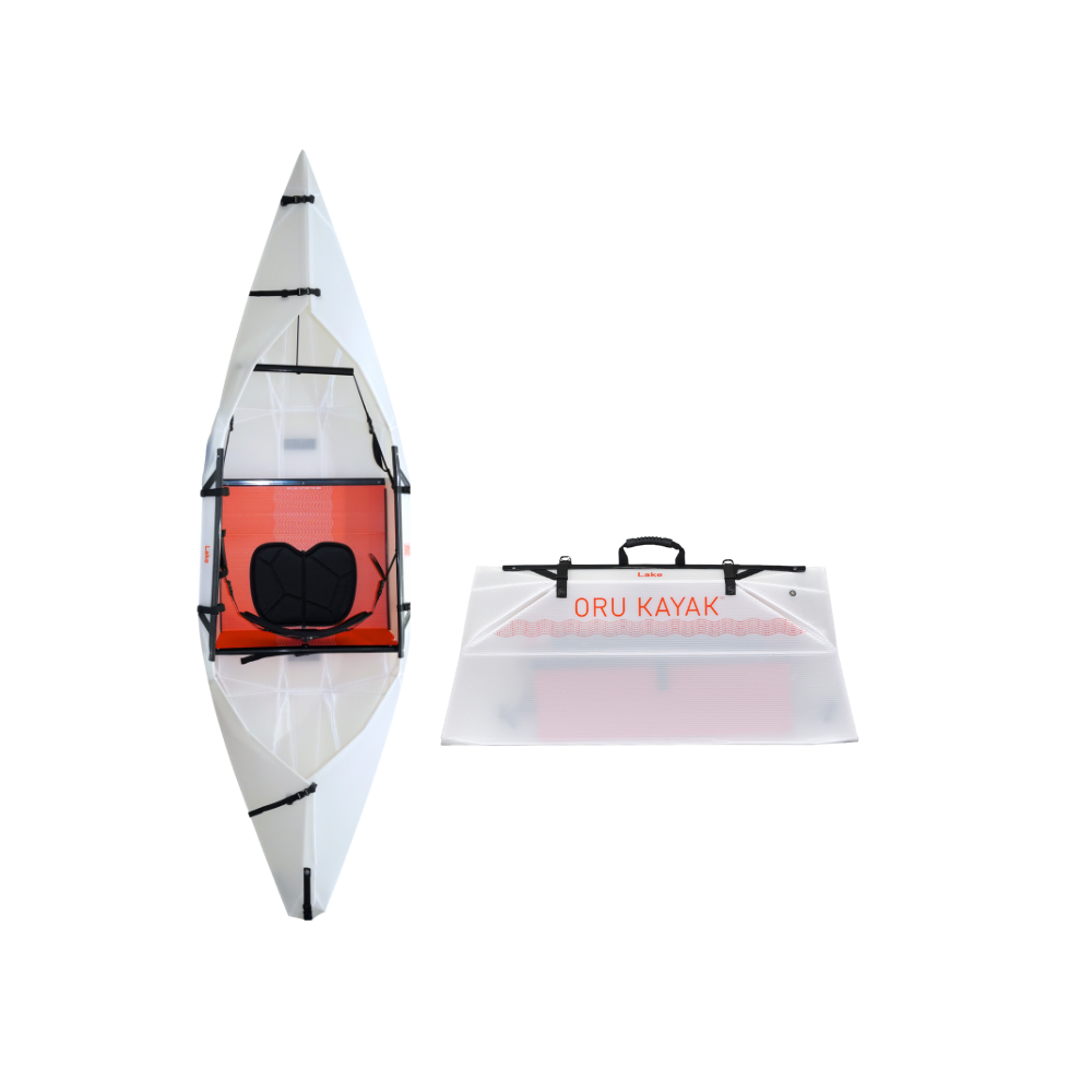 Top-down view of the Oru Kayak Lake Sport model in white, shown in both its fully assembled kayak form and its compact folded form, side by side.