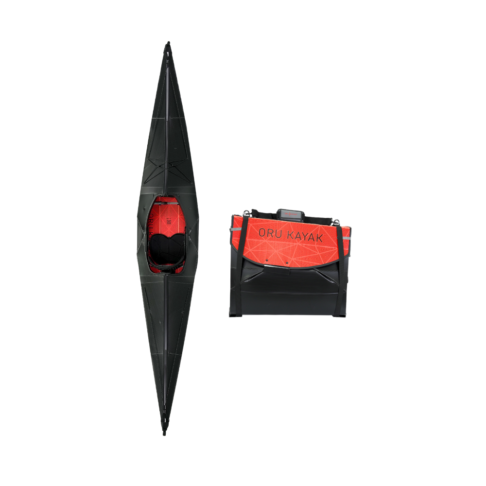 Top-down view of the Oru Kayak Bay model in black, shown in both its fully assembled kayak form and its compact folded form, side by side.