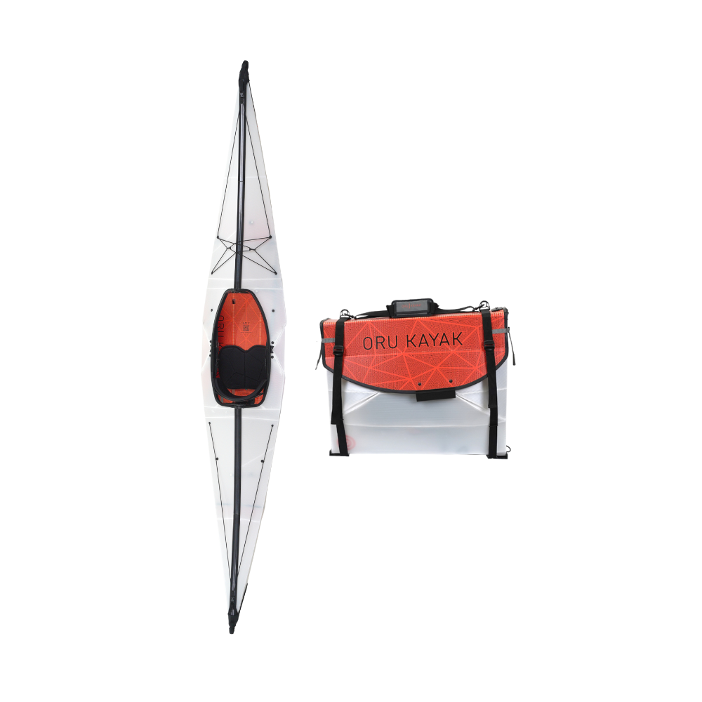 Top-down view of the Oru Kayak Bay model in white, shown in both its fully assembled kayak form and its compact folded form, side by side.