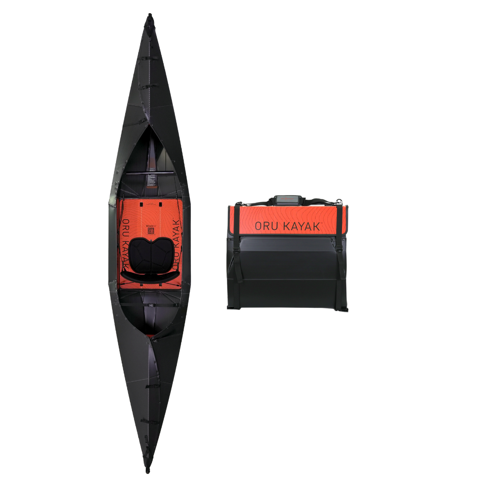 Top-down view of the Oru Kayak Beach model in black, shown in both its fully assembled kayak form and its compact folded form, side by side.