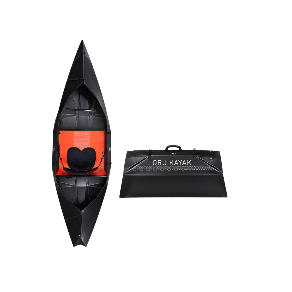Top-down view of the Oru Kayak Lake Sport model in black, shown in both its fully assembled kayak form and its compact folded form, side by side.