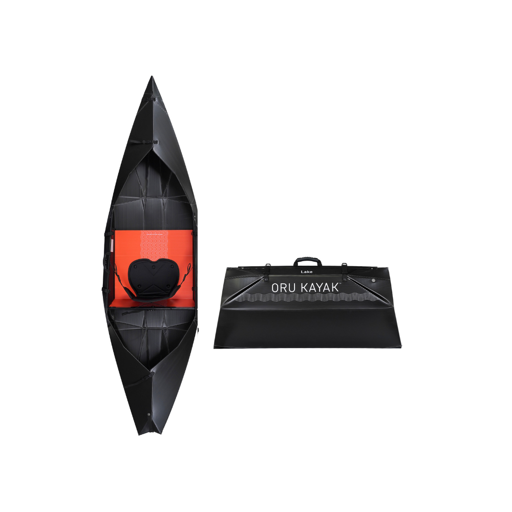 Top-down view of the Oru Kayak Lake model in black, shown in both its fully assembled kayak form and its compact folded form, side by side.